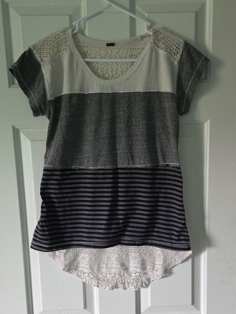 Poof! Gray, White & Black Mixed-Media Lace Trim Short Sleeve Top